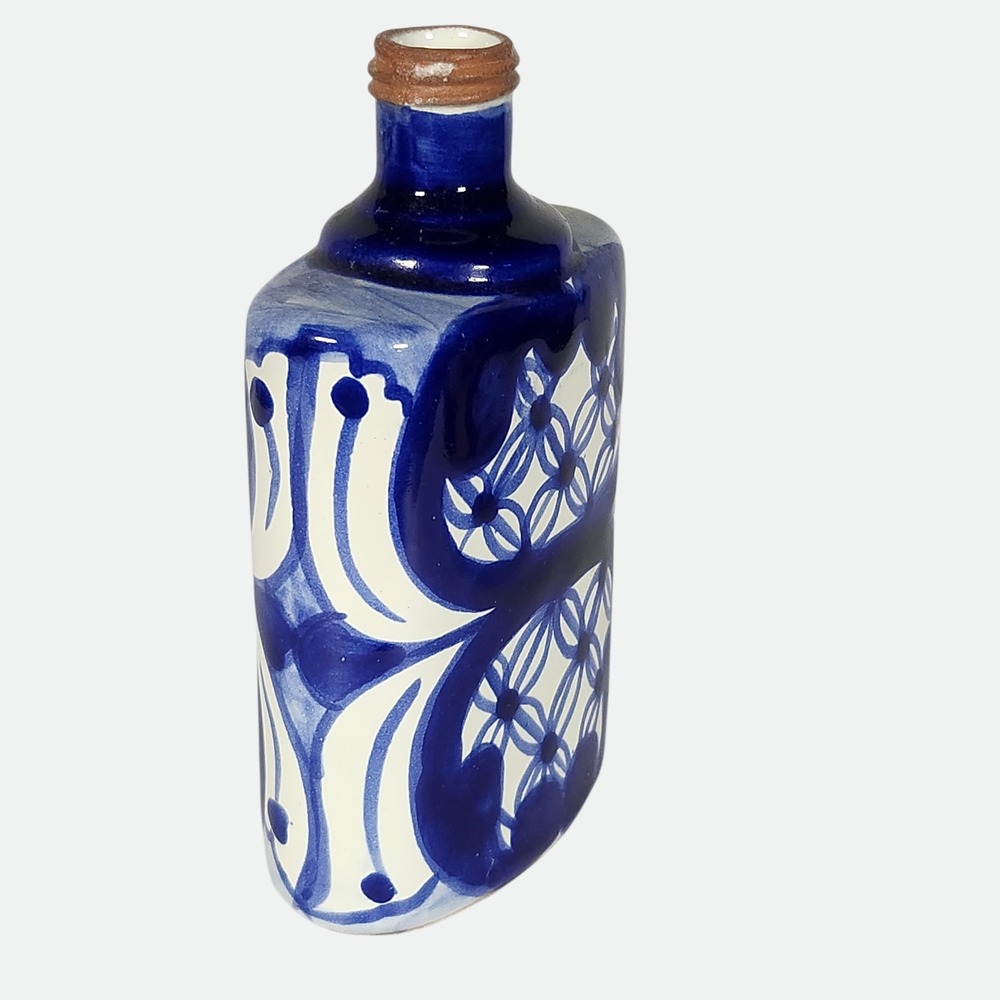 Mexican Talavera Pottery Bottle Flask Cobalt Blue White Hand Painted Mexico - Picture 3 of 11